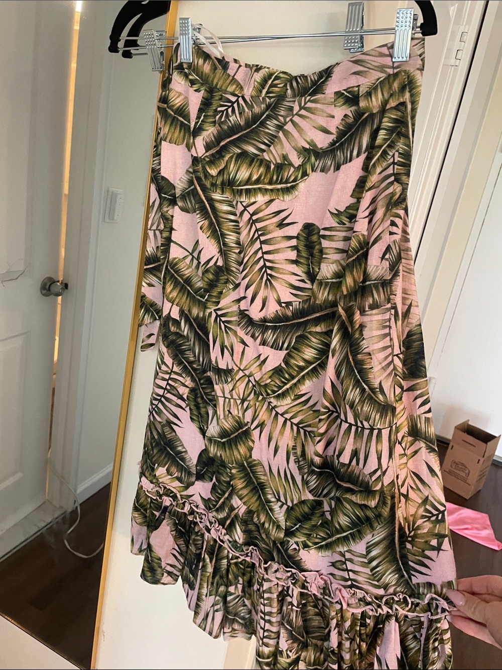 Women’s Pink Tropical Leaf A-Line Midi Skirt